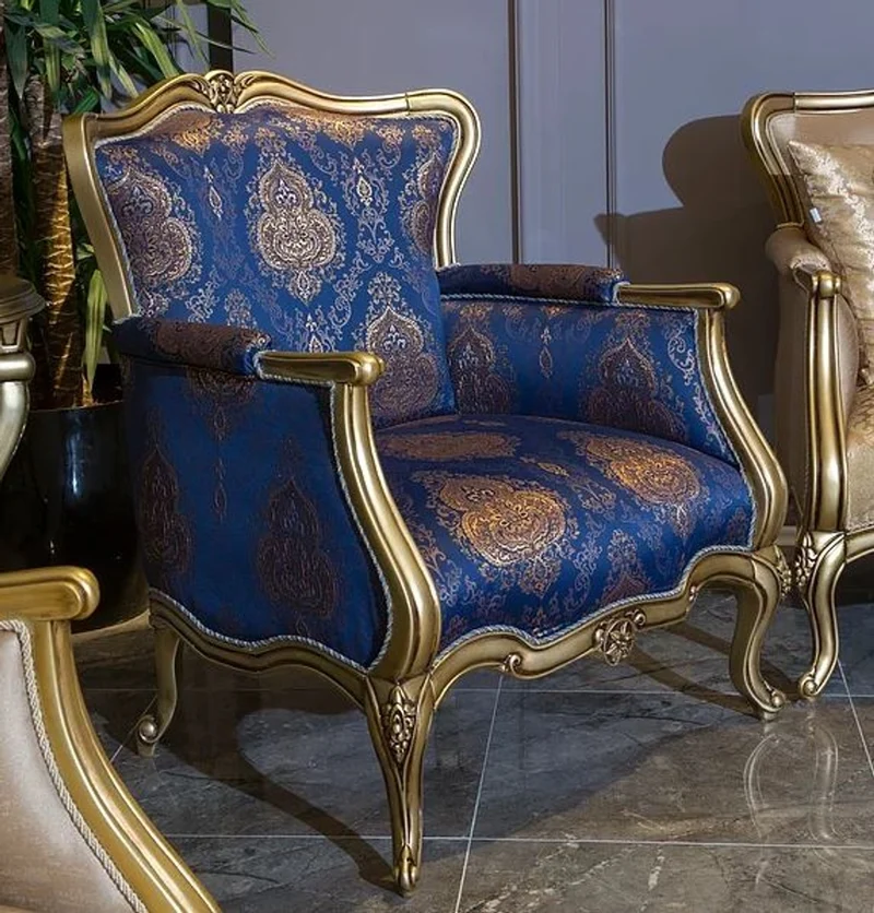 Casa Padrino Luxus Barock Sessel Blau / Gold 90 x 74 x H. 106 cm - Wohnzimmer Sessel mit elegantem Muster - Barock Wohnzimmer Möbel
