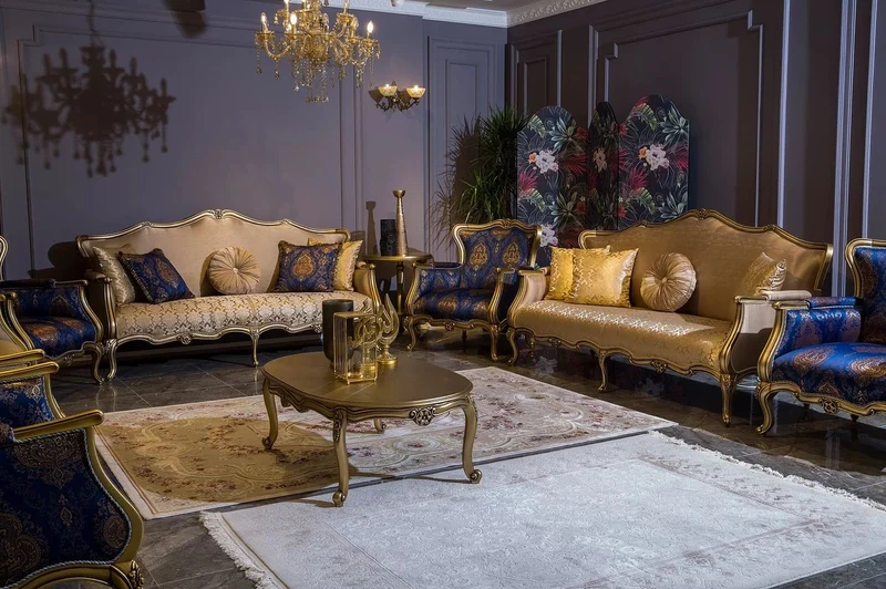 Casa Padrino Luxus Barock Sessel Blau / Gold 90 x 74 x H. 106 cm - Wohnzimmer Sessel mit elegantem Muster - Barock Wohnzimmer Möbel
