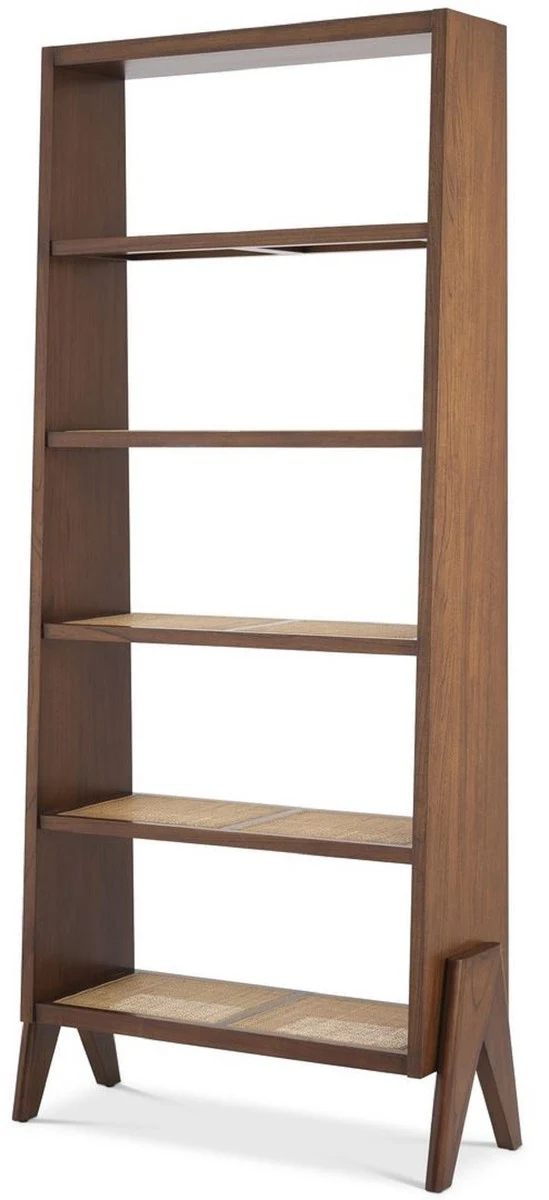 Casa Padrino Luxus Regalschrank Braun / Naturfarben 95 x 36 x H. 211 cm - Edler Massivholz Schrank mit Rattangeflecht - Wohnzimmerschrank - Büroschrank - Luxus Möbel