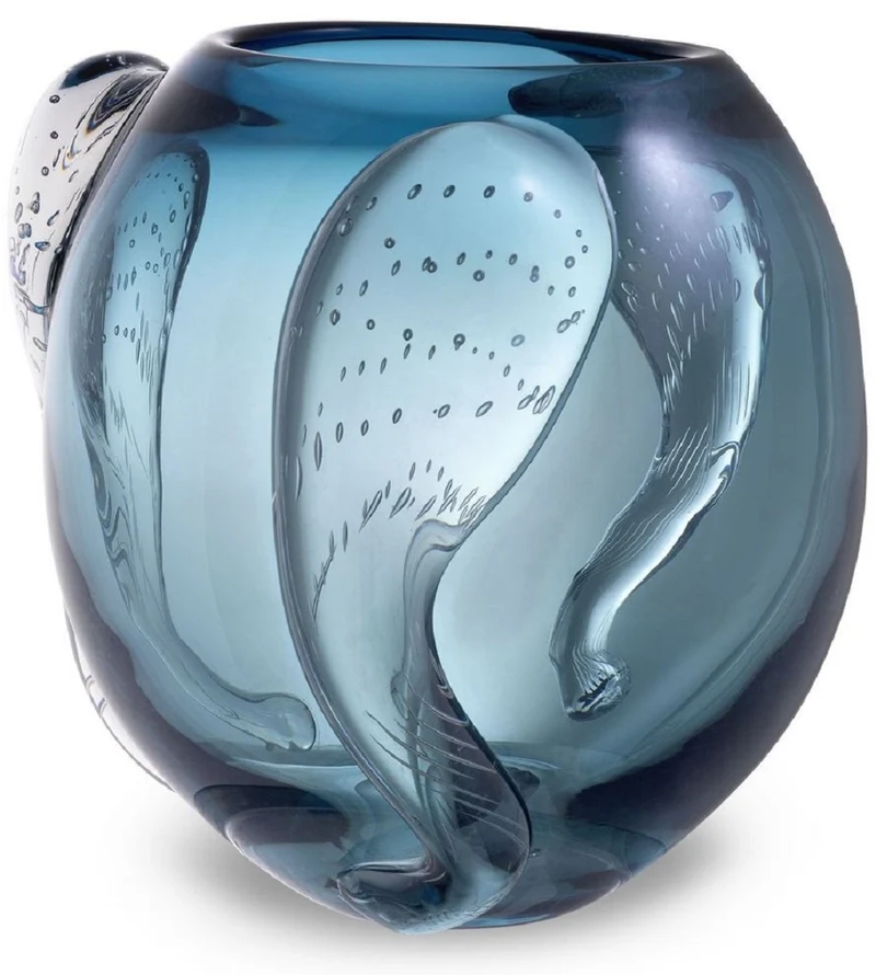 Casa Padrino Luxus Deko Glas Vase Blau Ø 32 x H. 28 cm - Elegante mundgeblasene Blumenvase - Luxus Deko Accessoires