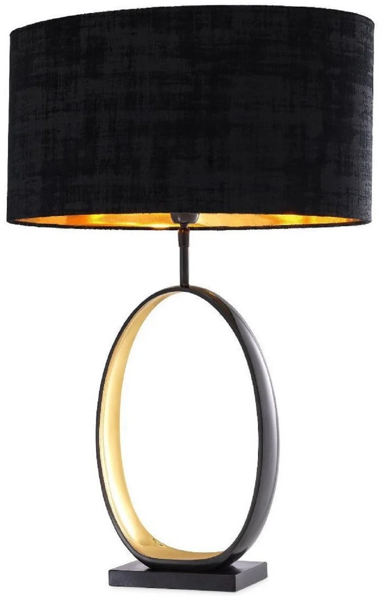 Casa Padrino Luxus Tischleuchte Anthrazitgrau / Gold / Schwarz Ø 50,5 x H. 74 cm - Moderne Tischlampe mit Granitsockel und rundem Lampenschirm - Wohnzimmer Lampe