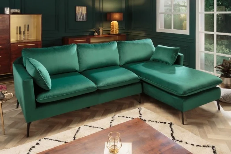 Casa Padrino Samt Ecksofa Smaragdgrün / Schwarz 260 x 160 x H. 93 cm - Wohnzimmer Sofa mit Kissen im Retro Style - Wohnzimmer Möbel