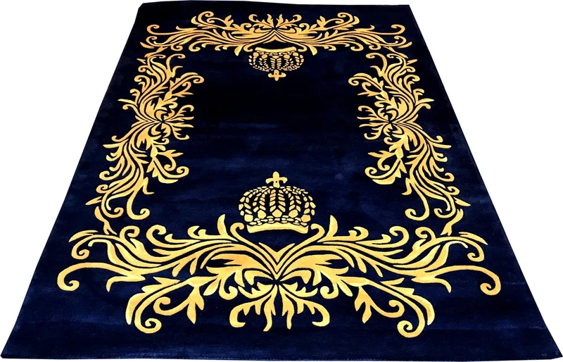 Pompöös by Casa Padrino Luxus Teppich von Harald Glööckler 160 x 230 cm Krone Royalblau / Gold - Barock Design Teppich - Handgewebt aus Wolle