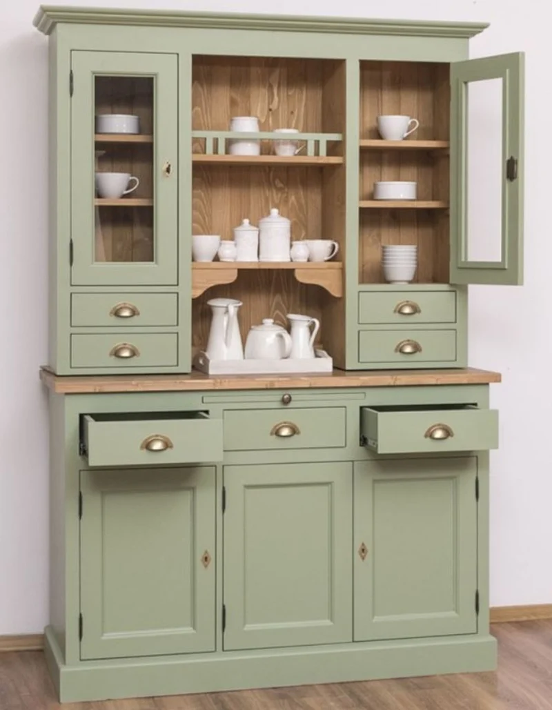 Casa Padrino Landhausstil Küchenschrank Grün / Braun 137 x 50 x H. 197 cm - 2 Teiliger Küchenschrank mit 5 Türen und 7 Schubladen - Landhausstil Küchenmöbel