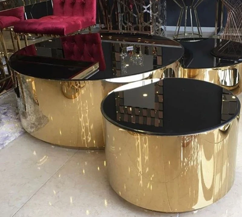 Casa Padrino Luxus Couchtisch Set Gold / Schwarz - 3 Wohnzimmertische mit Glasplatte - Luxus Wohnzimmer Möbel