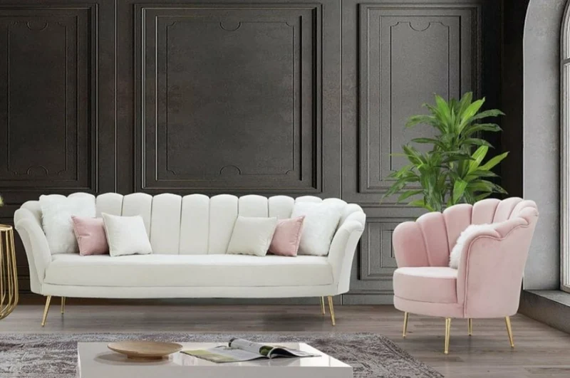 Casa Padrino Designer Art Deco Wohnzimmer Set Creme / Rosa / Gold - 2 Sofas & 2 Sessel - Wohnzimmer Möbel - Art Deco Möbel