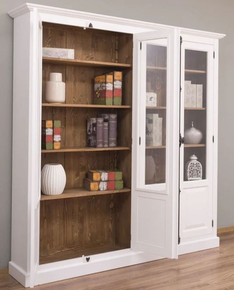 Casa Padrino Landhausstil Vitrine Weiß / Braun 205 x 40 x H. 210 cm - Massivholz Schrank - Wohnzimmerschrank - Vitrinenschrank - Landhausstil Möbel