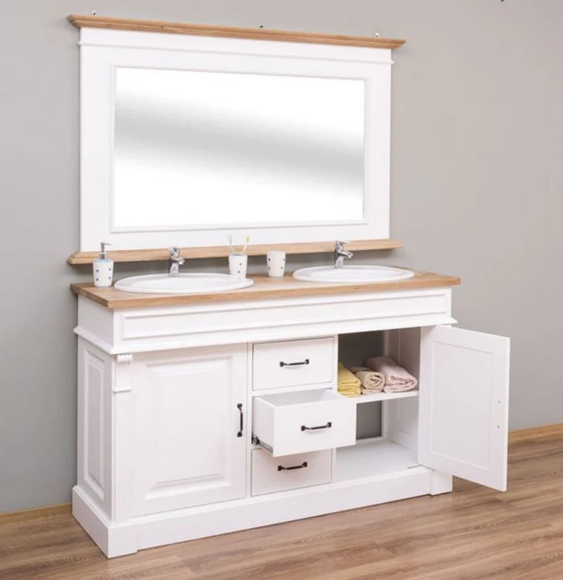 Casa Padrino Landhausstil Badezimmer Set Weiß / Naturfarben - 1 Doppelwaschtisch & 1 Wandspiegel - Massivholz Badezimmermöbel im Landhausstil