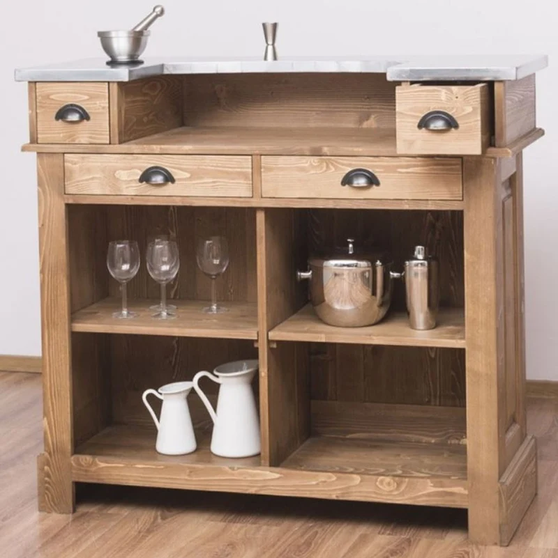 Casa Padrino Landhausstil Theke Naturfarben / Silber 120 x 65 x H. 107 cm - Massivholz Thekentisch mit verzinkter Tischplatte - Barmöbel im Landhausstil