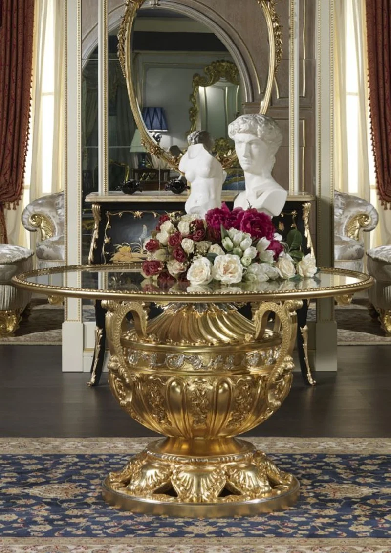 Casa Padrino Luxus Barock Esstisch Gold / Silber Ø 120 x H. 78 cm - Prunkvoller handgeschnitzter Esszimmertisch mit Glasplatte - Hotel Restaurant Schloss Möbel - Luxus Qualität - Made in Italy