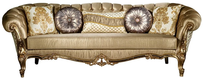 Casa Padrino Luxus Barock Sofa Gold / Weiß 268 x 110 x H. 87 cm - Prunkvolles Wohnzimmer Sofa mit dekorativen Kissen - Wohnzimmer Möbel im Barockstil