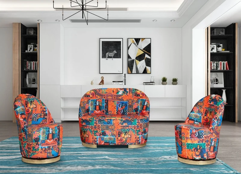 Casa Padrino Designer Art Deco Wohnzimmer Set Mehrfarbig / Gold - 2 Sofas & 2 Drehsessel - Wohnzimmer Möbel - Art Deco Möbel