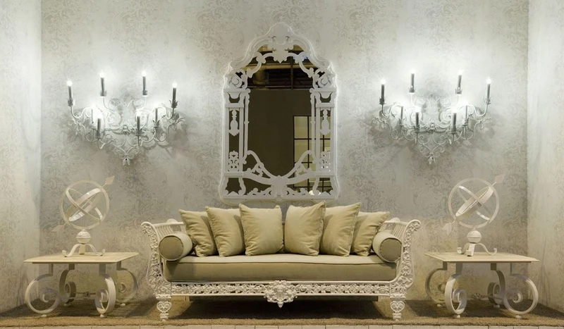 Casa Padrino Luxus Barock Sofa Weiß / Hellgrün 212 x 87 x H. 77 cm - Handgeschmiedetes Schmiedeeisen Sofa mit Kissen - Wohnzimmer Sofa - Garten Sofa - Terrassen Sofa - Barock Möbel