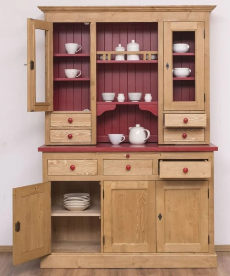 Casa Padrino Landhausstil Küchenschrank Naturfarben / Bordeauxrot 137 x 50 x H. 197 cm - 2 Teiliger Küchenschrank mit 5 Türen und 7 Schubladen - Landhausstil Küchenmöbel