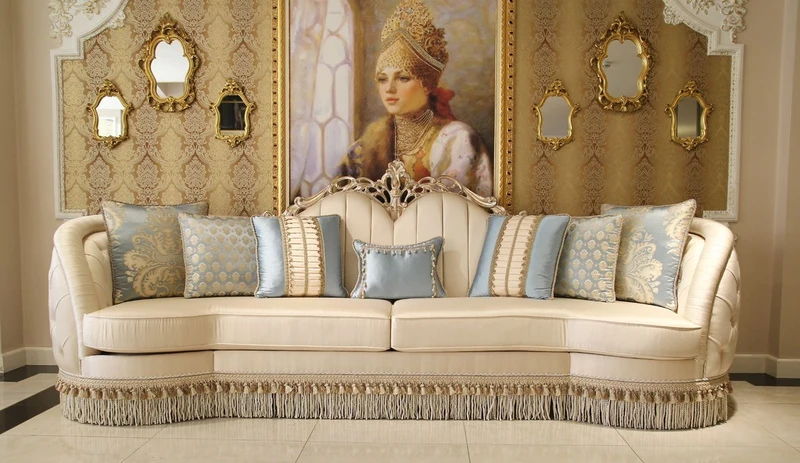 Casa Padrino Luxus Barock Wohnzimmer Sofa Beige / Silber 300 x 95 x H. 115 cm - Prunkvolles Sofa im Barockstil - Edle Barock Wohnzimmer Möbel