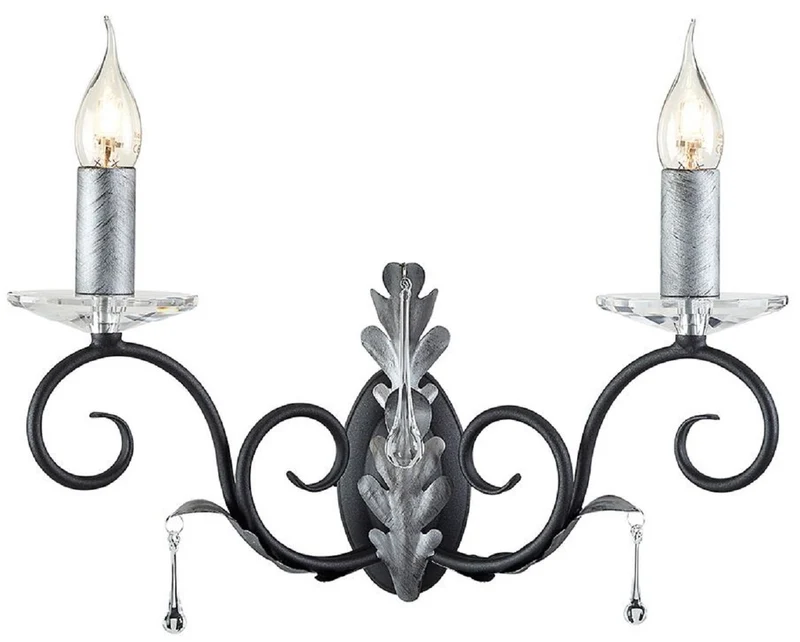 Casa Padrino Barock Doppel Wandleuchte Schwarz / Silber 37 x 19 x H. 38 cm - Elegante Wandlampe mit handgefertigten Stahl Eichenblättern und dekorativen Glastropfen - Wandleuchten im Barockstil