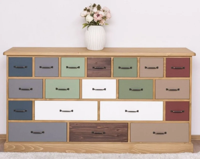 Casa Padrino Landhausstil Kommode Hellbraun / Mehrfarbig 180 x 48 x H. 95 cm - Massivholz Schrank mit 19 Schubladen - Landhausstil Möbel