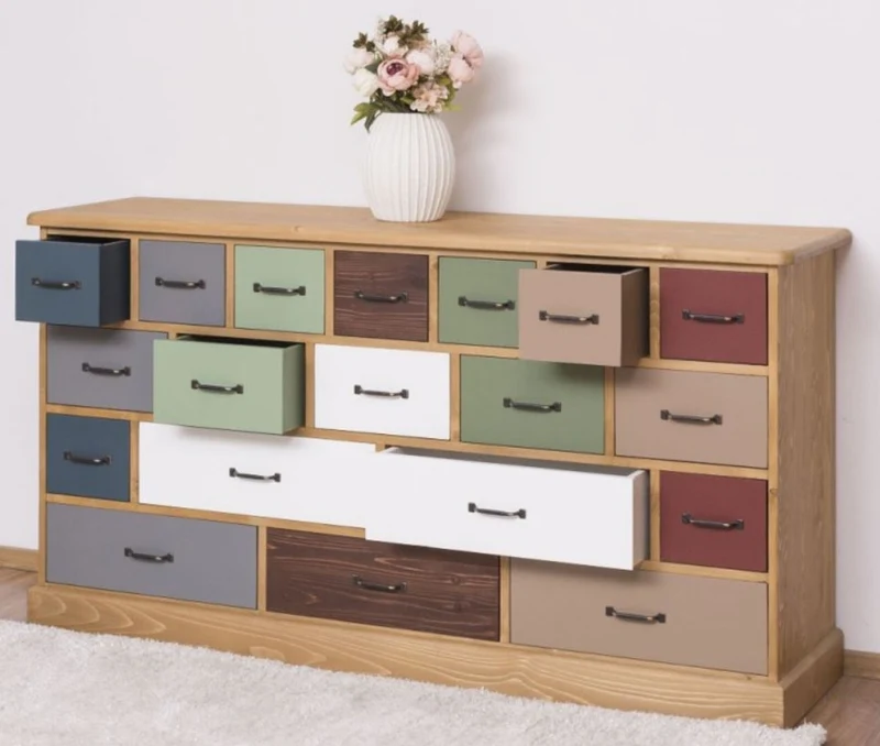 Casa Padrino Landhausstil Kommode Hellbraun / Mehrfarbig 180 x 48 x H. 95 cm - Massivholz Schrank mit 19 Schubladen - Landhausstil Möbel