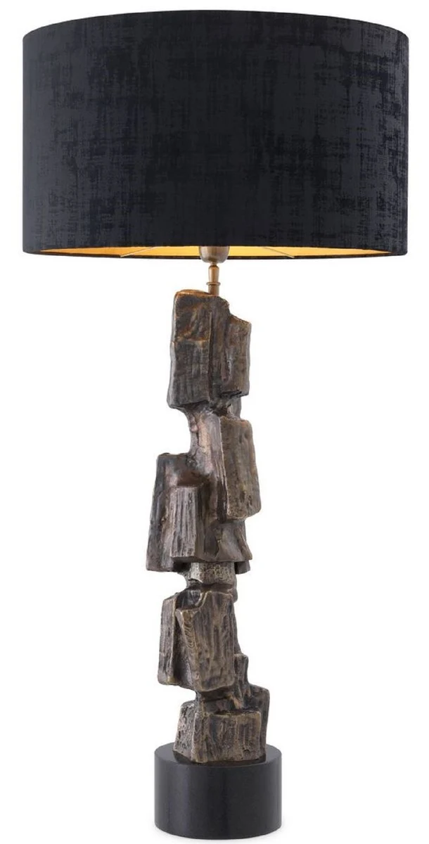 Casa Padrino Luxus Tischleuchte Vintage Messingfarben / Schwarz Ø 55 x H. 113 cm - Moderne Tischlampe mit Granitsockel und rundem Lampenschirm - Wohnzimmer Lampe