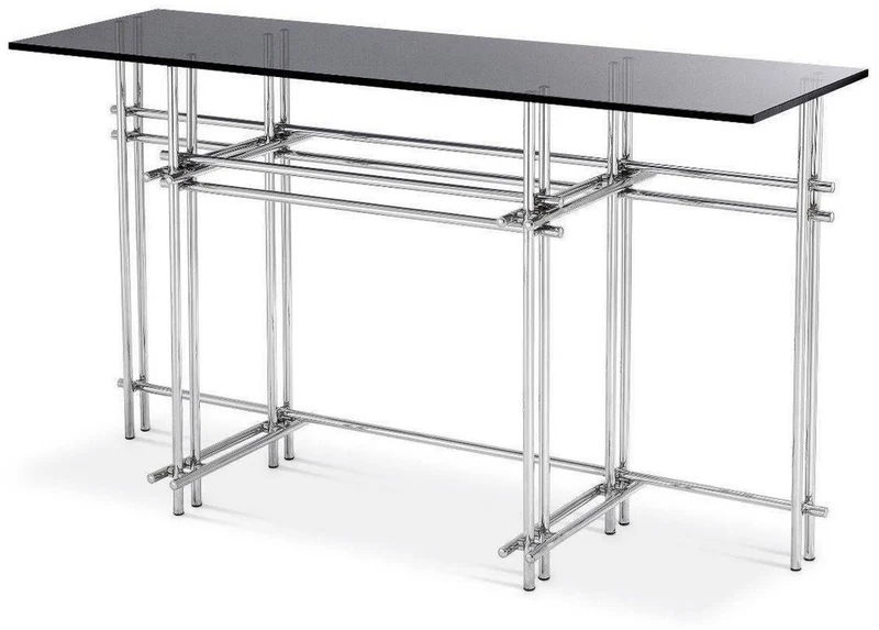Casa Padrino Designer Konsole Silber / Grau 131 x 36,5 x H. 73 cm - Edelstahl Konsolentisch mit Glasplatte - Designer Möbel - Luxus Qualität