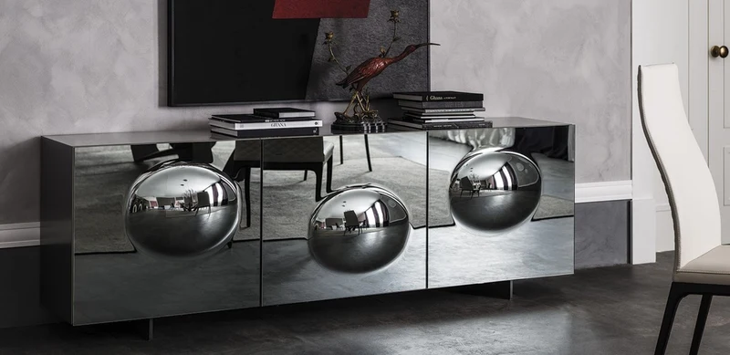 Casa Padrino Luxus Designer Sideboard Graphit Matt 200 x 50 x H. 73 cm - Moderner Massivholz Schrank mit 3 verspiegelten Türen - Luxus Möbel