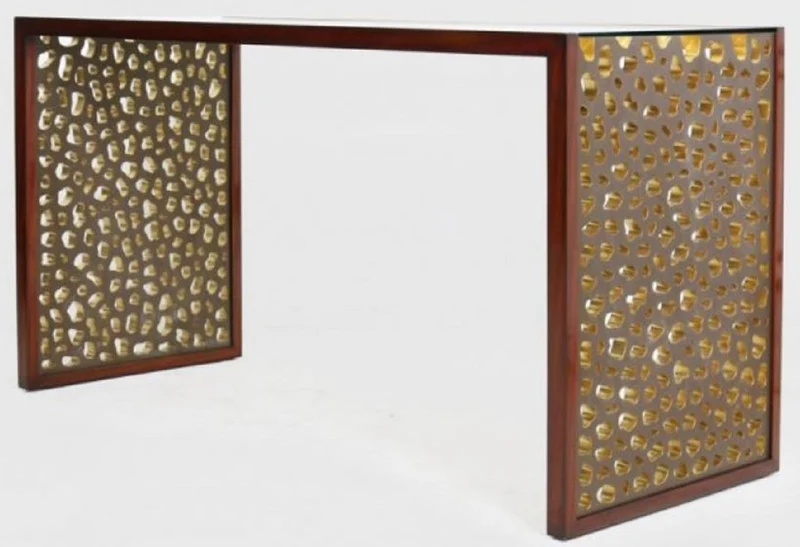 Casa Padrino Designer Schreibtisch mit Glasplatte Braun / Bronze / Gold 140 x 55 x H. 77 cm - Bürotisch - Computertisch - Luxus Büro Möbel