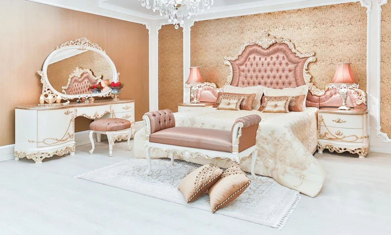 Casa Padrino Luxus Barock Doppelbett Rosa / Weiß / Creme / Kupferfarben 200 x 200 x H. 200 cm - Edles Massivholz Bett mit Kopfteil - Prunkvolle Schlafzimmer Möbel im Barockstil