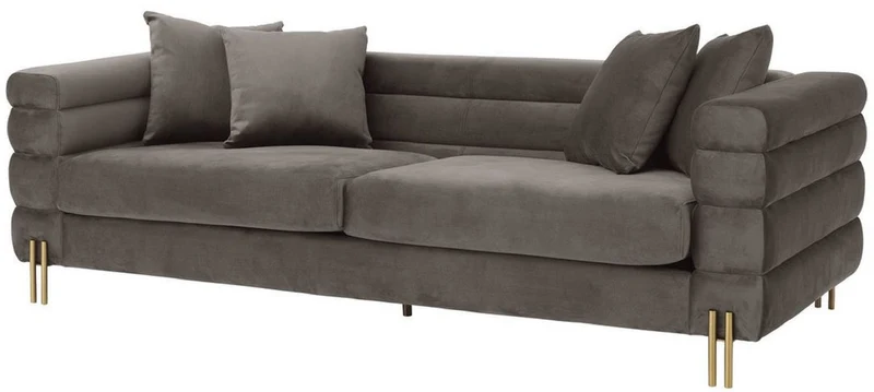 Casa Padrino Luxus Couch Grau / Messingfarben 230 x 95 x H. 70,5 cm - Wohnzimmer Sofa mit edlem Samtstoff - Luxus Möbel