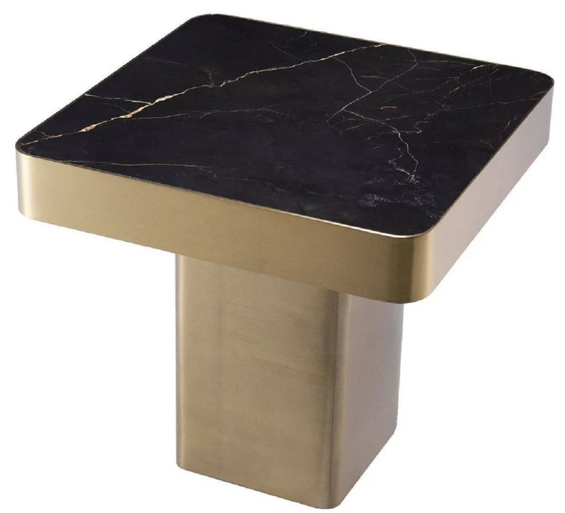 Casa Padrino Luxus Beistelltisch Schwarz / Messingfarben 50 x 50 x H. 47,5 cm - Quadratischer Edelstahl Tisch mit Keramikplatte - Wohnzimmer Möbel - Luxus Möbel