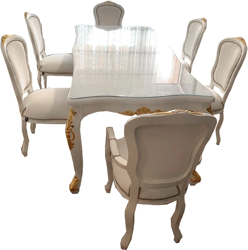 Casa Padrino Luxus Barock Esszimmer Set Weiß / Gold - 1 Esstisch mit Glasplatte & 6 Esszimmerstühle mit Kunstleder - Made in Italy - Luxury Collection
