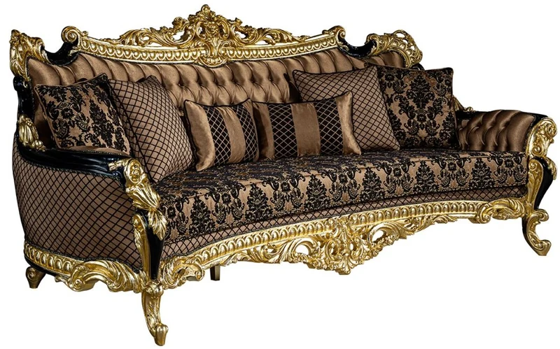 Casa Padrino Luxus Barock Sofa Braun / Schwarz / Gold 260 x 110 x H. 117 cm - Prunkvolles Wohnzimmer Sofa mit dekorativen Kissen - Edle Barock Möbel