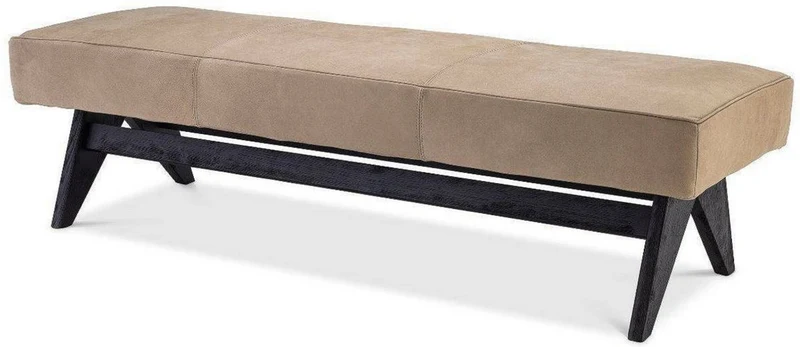 Casa Padrino Luxus Echtleder Bank Beige / Schwarz 164 x 54 x H. 44 cm - Gepolsterte Massivholz Sitzbank mit edlem Nubuk Büffelleder - Luxus Möbel
