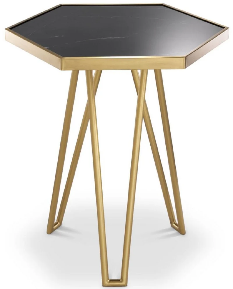 Casa Padrino Luxus Beistelltisch Messingfarben / Schwarz 50 x 43 x H. 54,5 cm - Moderner 6-eckiger Edelstahl Tisch mit geschliffener Marmorplatte - Wohnzimmer Möbel - Luxus Möbel