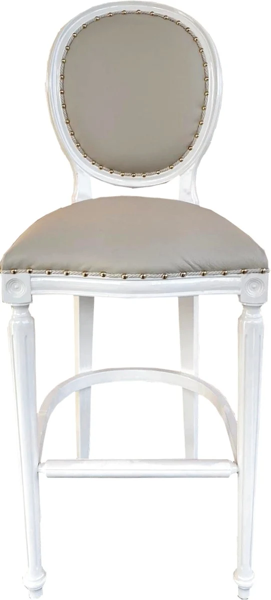 Casa Padrino Luxus Barock Bar Stuhl Echtleder Bar Stuhl Creme / Weiß - Leder Barstuhl