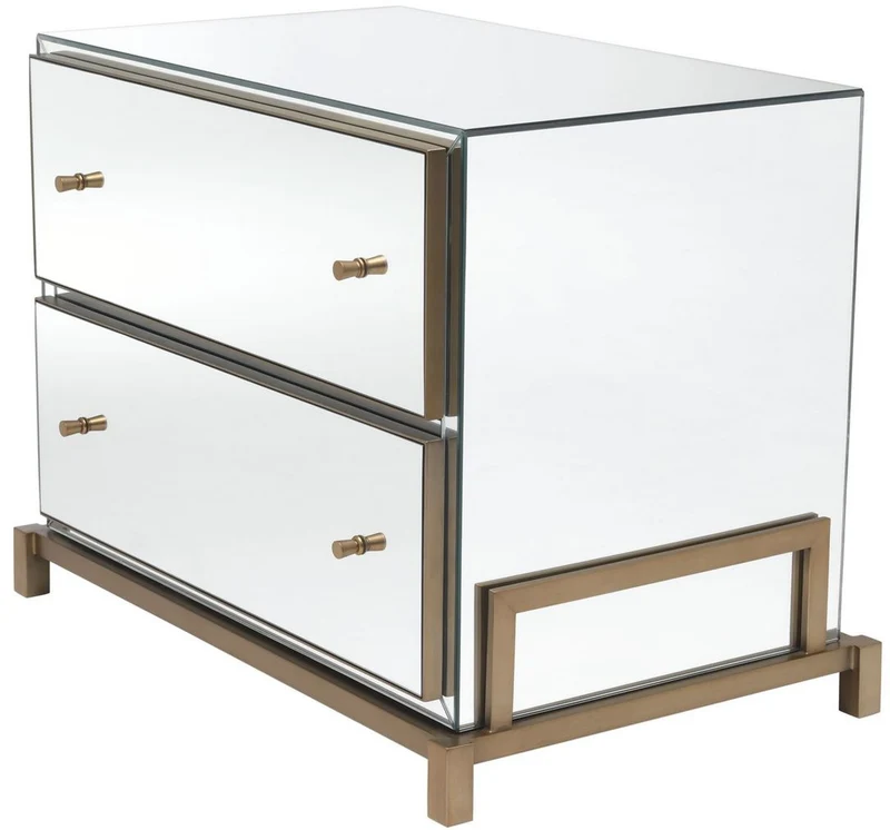 Casa Padrino Luxus Spiegelglas Nachttisch Messingfarben 81,5 x 52 x H. 62 cm - Verspiegelte Nachtkommode mit 2 Schubladen - Schlafzimmer Möbel