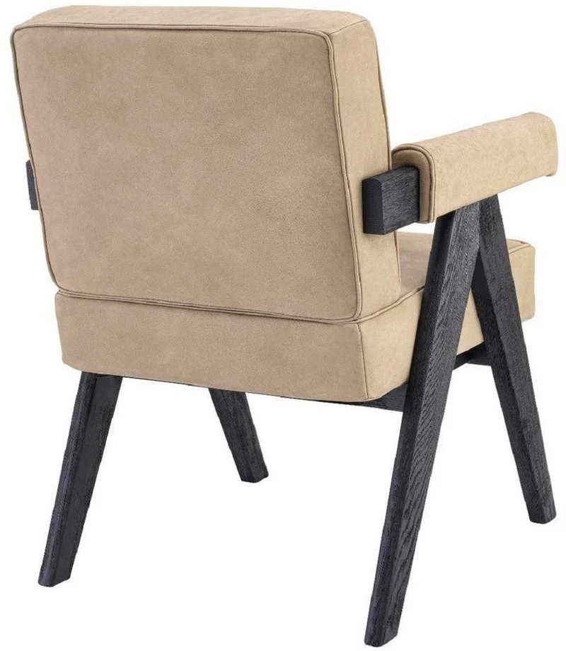 Casa Padrino Luxus Echtleder Esszimmerstuhl mit Armlehnen Beige / Schwarz 64 x 70 x H. 87,5 cm - Küchenstuhl mit edlem Nubuk Büffelleder - Luxus Esszimmer Möbel