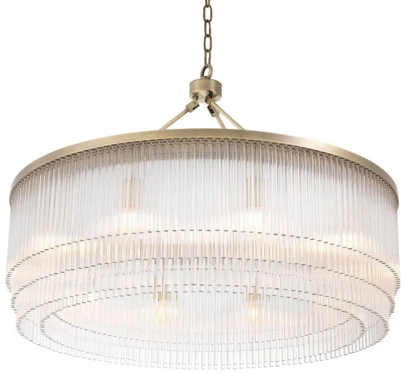 Casa Padrino Luxus Kronleuchter Messingfarben Ø 90 x H. 61 cm - Runder Metall Kronleuchter mit eleganten Glasstäben - Hotel & Restaurant Kronleuchter