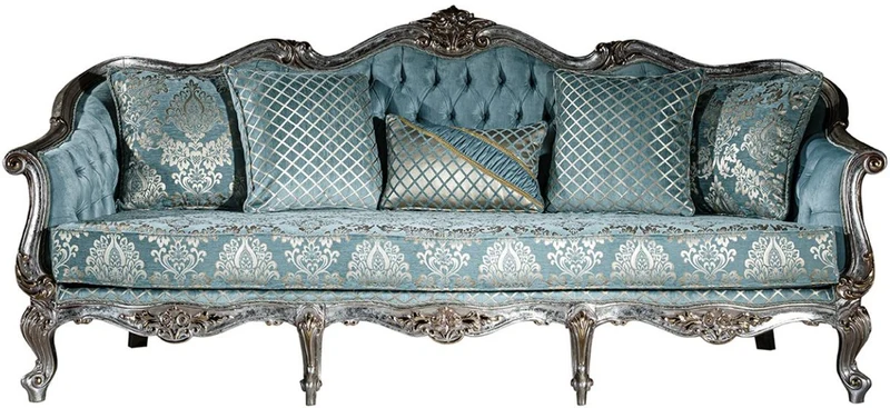 Casa Padrino Luxus Barock Wohnzimmer Set Hellblau / Silber - 2 Sofas & 2 Sessel & 1 Couchtisch - Prunkvolle Wohnzimmer Möbel im Barockstil