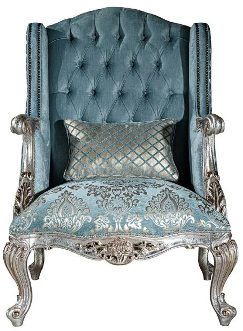 Casa Padrino Luxus Barock Wohnzimmer Set Hellblau / Silber - 2 Sofas & 2 Sessel & 1 Couchtisch - Prunkvolle Wohnzimmer Möbel im Barockstil