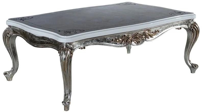 Casa Padrino Luxus Barock Wohnzimmer Set Hellblau / Silber - 2 Sofas & 2 Sessel & 1 Couchtisch - Prunkvolle Wohnzimmer Möbel im Barockstil