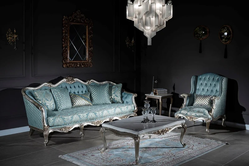 Casa Padrino Luxus Barock Wohnzimmer Set Hellblau / Silber - 2 Sofas & 2 Sessel & 1 Couchtisch - Prunkvolle Wohnzimmer Möbel im Barockstil