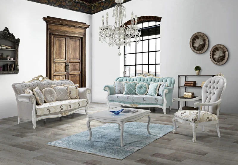 Casa Padrino Barock Wohnzimmer Set Hellgrün / Hellgrau / Weiß / Gold - 2 Sofas & 2 Sessel & 1 Couchtisch - Wohnzimmer Möbel im Barockstil