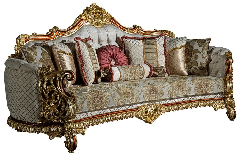 Casa Padrino Luxus Barock Wohnzimmer Set Grau / Rot / Gold - 2 Sofas & 2 Sessel & 1 Couchtisch - Wohnzimmer Möbel im Barockstil - Edel & Prunkvoll