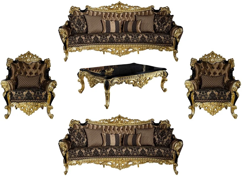 Casa Padrino Luxus Barock Wohnzimmer Set Braun / Schwarz / Gold - 2 Sofas & 2 Sessel & 1 Couchtisch - Prunkvolle Wohnzimmer Möbel im Barockstil