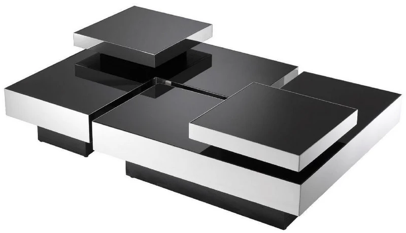 Casa Padrino Luxus Couchtisch Set Silber / Schwarz - 2 L-förmige Wohnzimmertische mit 2 quadratischen Tabletts - Wohnzimmer Möbel - Luxus Kollektion
