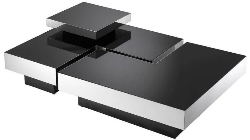 Casa Padrino Luxus Couchtisch Set Silber / Schwarz - 2 L-förmige Wohnzimmertische mit 2 quadratischen Tabletts - Wohnzimmer Möbel - Luxus Kollektion