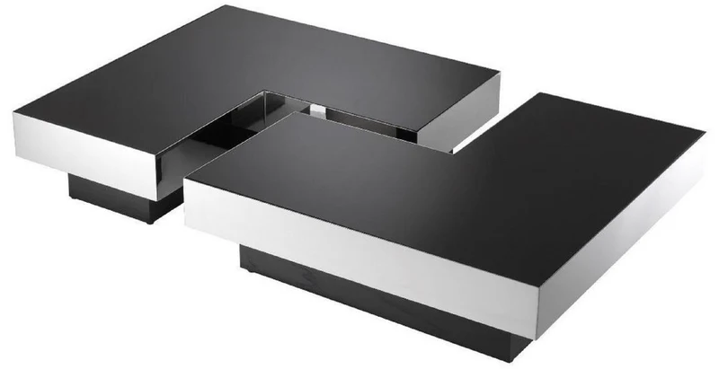 Casa Padrino Luxus Couchtisch Set Silber / Schwarz - 2 L-förmige Wohnzimmertische mit 2 quadratischen Tabletts - Wohnzimmer Möbel - Luxus Kollektion