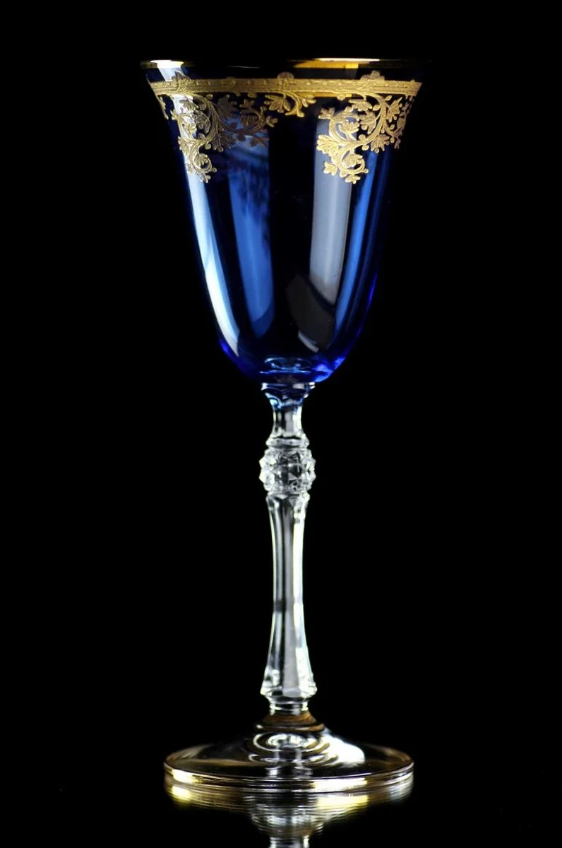Casa Padrino Luxus Barock Weinglas 6er Set Hellblau / Gold Ø 9 x H. 21,5 cm - Handgefertigte gravierte und handbemalte Weingläser - Hotel & Restaurant Accessoires - Luxus Qualität