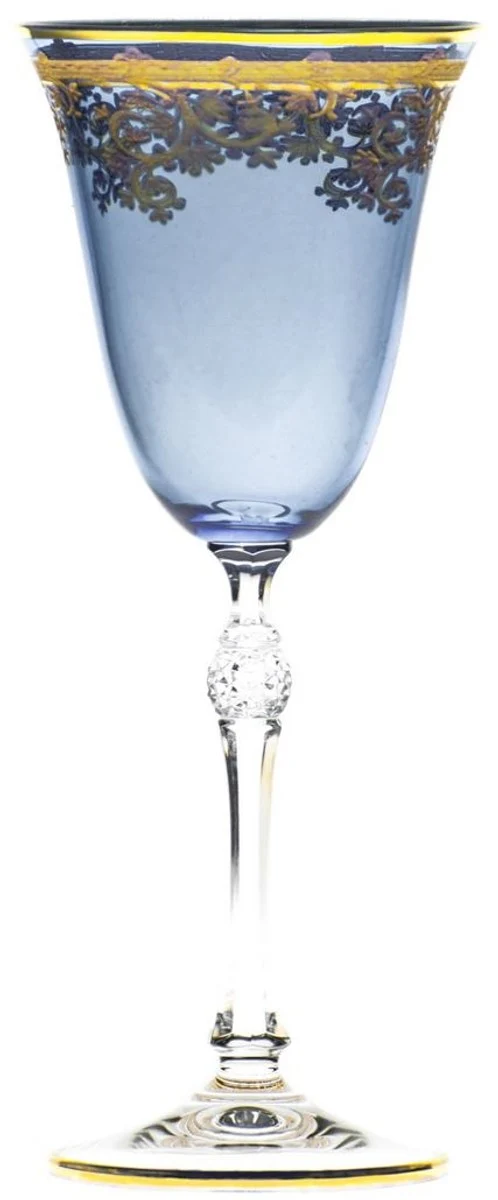 Casa Padrino Luxus Barock Weinglas 6er Set Hellblau / Gold Ø 9 x H. 21,5 cm - Handgefertigte gravierte und handbemalte Weingläser - Hotel & Restaurant Accessoires - Luxus Qualität