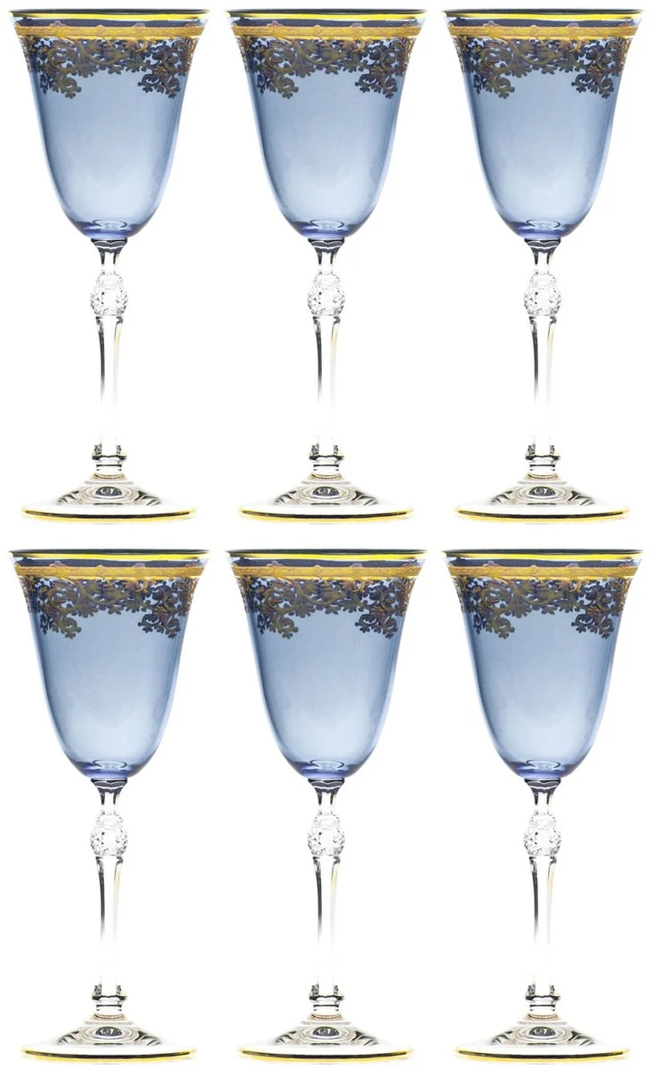 Casa Padrino Luxus Barock Weinglas 6er Set Hellblau / Gold Ø 9 x H. 21,5 cm - Handgefertigte gravierte und handbemalte Weingläser - Hotel & Restaurant Accessoires - Luxus Qualität